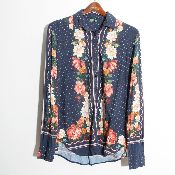 Farm Rio Floral Long Sleeve Shirt Blouse Button Up Floral Polka Dot Sz G / Large - Picture 1 of 15